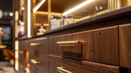 A market display of brown kitchen cabinet doors, where golden metal handles meet modern luxury - obrazy, fototapety, plakaty