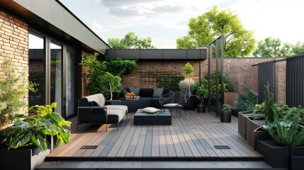 Modern rooftop terrace panorama featuring dark wood deck flooring, plants, brick fence, and black garden furniture.