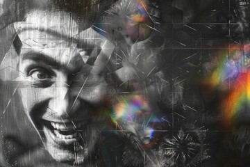 An abstract fusion of art expresses a sense of joy and complexity with a black and white textured background overlaid by a vivid smiling human face. 