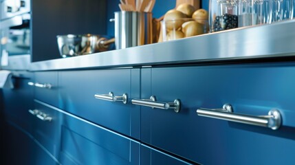 A market-style showcase of blue kitchen cabinet doors, adorned with contemporary stainless steel handles