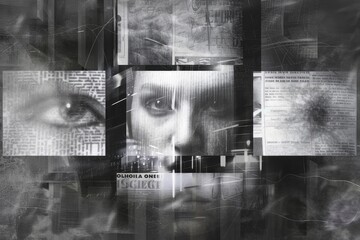 Abstract collage of human eye and textual elements in monochrome tones - obrazy, fototapety, plakaty