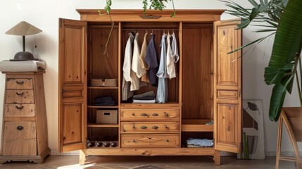 A chic wooden wardrobe with open doors, clothes perfectly stored and displayed