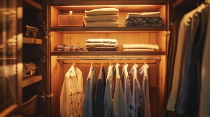 A detailed view inside a wooden cabinet, clothes on rails highlighted in soft lighting