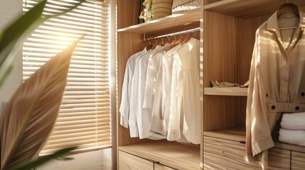 A chic wooden cabinet with clothes neatly arranged on a rail, under a light, inviting background