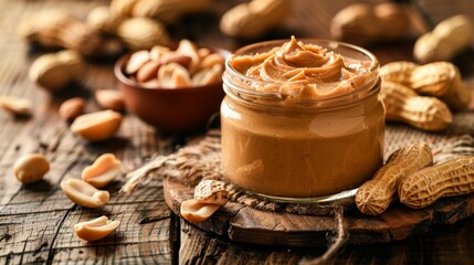 Artistic arrangement of peanut butter in a glass jar and bowl, highlighted on a vintage wooden table