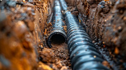 Obraz premium Plastic pipes embedded in the ground during the construction of a building, displayed in a banner with copy space.