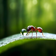 Red ant closeup on a green leaf with a large drop of water