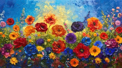 Obraz na płótnie Canvas Marvel at the kaleidoscope of colors in a stunning flower field, where the radiant blooms form a vibrant tapestry that stretches as far as the eye can see.