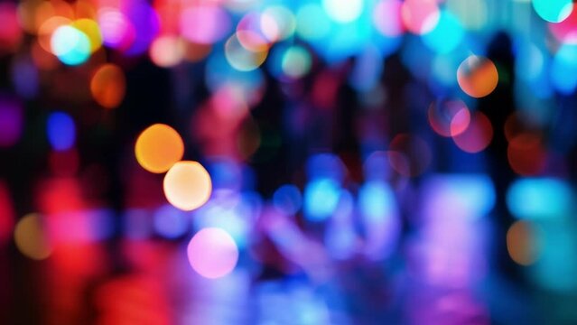 Blurred bursts of colorful spotlights shining down on a dimly lit dance floor the silhouetted figures of people moving to the rhythm ly visible in the background. .