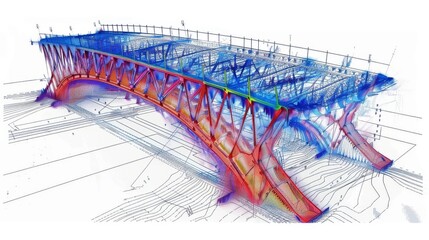 Bridge engineering structural analysis results of the finite element method calculation - stress fields in a truss bridge, tension in blue, compression in red