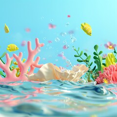 The paradox of vibrant coral clashing with drifting plastic bags unfolds underwater - obrazy, fototapety, plakaty