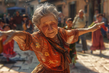 lively elderly individual, their face a map of joyful stories, is teaching traditional folk dance to an enthusiastic group of children