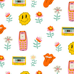 Seamless pattern for girls y2k in modern flat style. Culture and attributes of the 90s and 00s. Gadgets, flowers, youth, nostalgia. Vector illustration isolated on a color background.