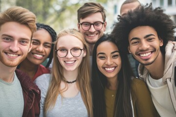 Group of diverse young people looking at camera and smiling while standing outdoors