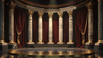 A stage adorned with red curtains and gold pillars, reminiscent of ancient Roman architecture