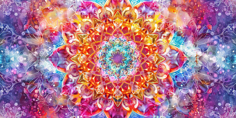 Naklejka premium The Mandala of Existence: The Intricate Mandala and Infinite Layers - Visualize an intricate mandala with infinite layers, symbolizing the complexity and beauty of existence revealed during a psychede