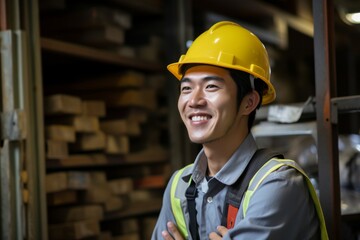 smiling electronic engineer, adorned in green safety attire and helmet, stands confidently beside solar panels to advancing renewable technologies.