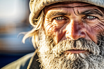 portrait of a man, veteran fisherman face detailed with deep wrinkles, intense eyes, white beard, hat, detailed illustration background wallpaper - obrazy, fototapety, plakaty
