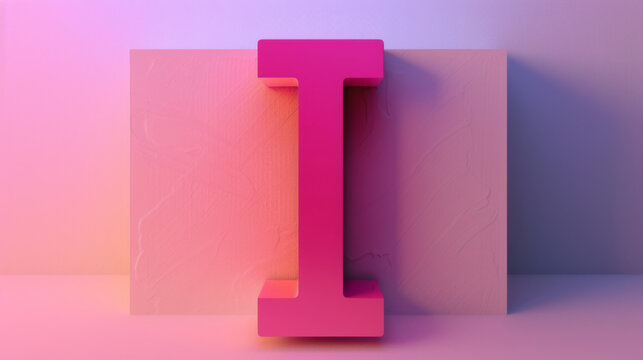 A three-dimensional letter I in a purple tone stands out on a gradient pastel background, blending pink and blue hues.