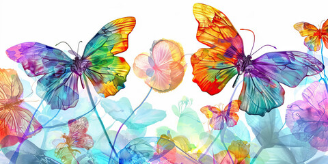 Fototapeta premium The Psychedelic Garden: The Blooming Flowers and Translucent Butterflies - Picture blooming flowers and translucent butterflies, symbolizing the beauty and transience of life experienced 