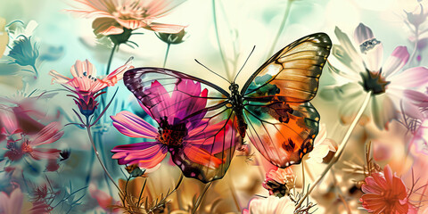 The Psychedelic Garden: The Blooming Flowers and Translucent Butterflies - Picture blooming flowers and translucent butterflies, symbolizing the beauty and transience of life experienced 