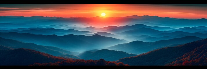 Mountains at sunset - bright sky - orange and blue horizon - golden hour 0- inspired by the scenery of western North Carolina 