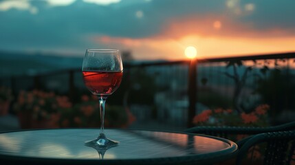 Obraz premium Rosé wine in a glass on a terrace table overlooking a sunset, creating a tranquil scene.