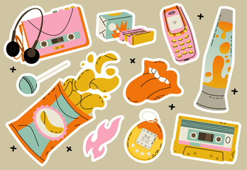 A set of stickers for girls in a modern flat style. Culture and attributes of the 90s and 00s. Vector illustration isolated on a color background.