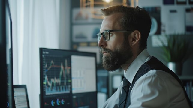 A financial advisor in formal wear, analyzing data on multiple screens, concentrated and expert, with a white minimalist background, styled as a financial consultancy ad.