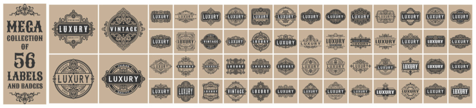 Mega Collection of 56 Vintage typographic decorative ornament design elements set vector illustration, featuring labels and badges, luxurious fancy logo symbols, elegant calligraphic swirls, and ornat