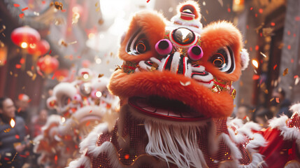 Traditional colorful Chinese dancing lion head decoration; Chinese New Year.