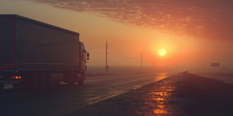 A semi-truck drives along a highway at sunrise, with a warm, hazy sky in the background.