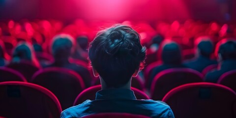 A single person seated in a theater with vibrant red seats, facing a brightly lit stage. - obrazy, fototapety, plakaty