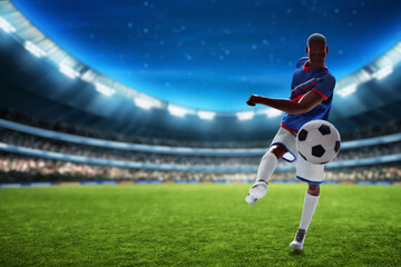 3d illustration young professional soccer player kicking ball in the stadium field with blue night sky