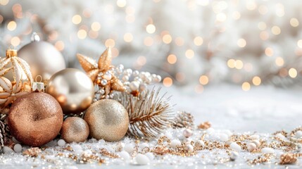 Sparkling Christmas decorations on snow with golden baubles and twinkling lights in the background.