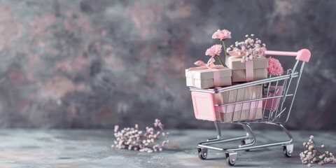 A mini shopping cart filled with small wrapped gift boxes and decorated with delicate pink flowers, symbolizing a festive purchase.