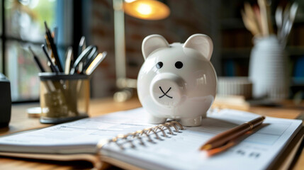 White piggy bank, on planner in a modern office setting.