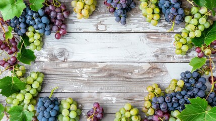 Colorful bunches of fresh grapes with green leaves arranged on a weathered wooden table, from above.