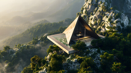 A pyramid shaped house is perched on a mountain. The house is surrounded by trees and has a pool. The house is designed to blend in with the natural surroundings and provide a unique living experience - obrazy, fototapety, plakaty