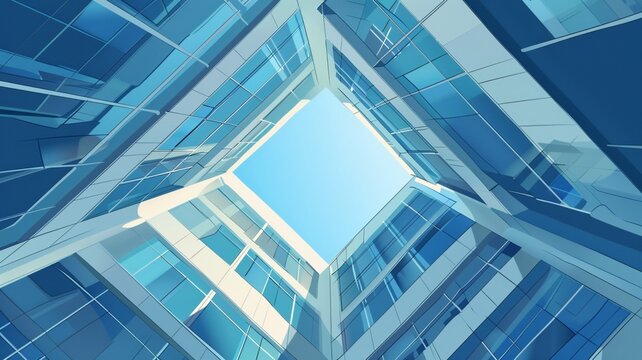 Isometric square bottom view from inside building. Architecture art, design abstract background, or construction industry concept