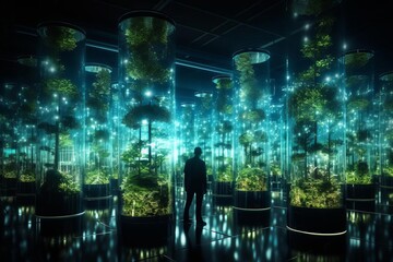 Conceptual image of a smart citys vertical farming facility as a neonlit hologram, featuring volumetric growth data and energy cycles - obrazy, fototapety, plakaty