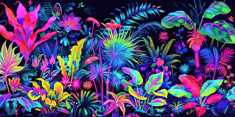 The Electric Jungle: The Neon Flora and Fauna - Imagine neon-colored plants and animals in a vibrant, electric jungle, symbolizing the heightened sensory perception and vivid imagery
