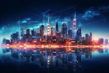 Image of an advanced urban skyline as a wireframe hologram, glowing in neon amidst a smart city environment with digital energy flows