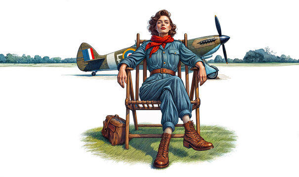 WW2 pinup. Confident and empowered female pilot in wartime uniform gets ready for takeoff with vintage Spitfire aircraft in background.	