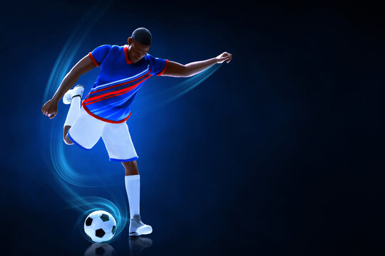 3d illustration young professional soccer player kicking ball on dark blue background