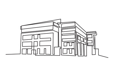 Modern architecture building.continuous line drawing of commercial building house. Single-line Modern residential building isolated on a white background.