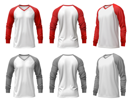 2 Set of men red maroon grey gray long sleeve Raglan Sleeves white tee t shirt colour block V-neck front, back and side view on transparent cutout, PNG file. Mockup template for artwork design
