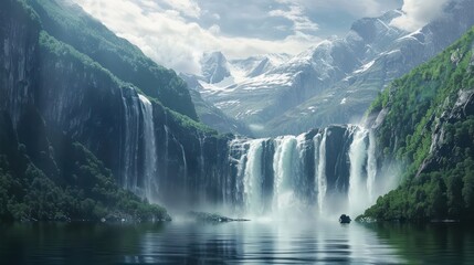 Fototapeta premium Experience the serenity of pristine landscapes, where majestic snowy peaks meet the calm expanse of the sea, and soothing waterfalls cascade with gentle grace.