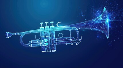 Trumpet cornet, wind musical instrument, from futuristic polygonal blue lines and glowing stars for banner, poster, greeting card. AI generated - obrazy, fototapety, plakaty
