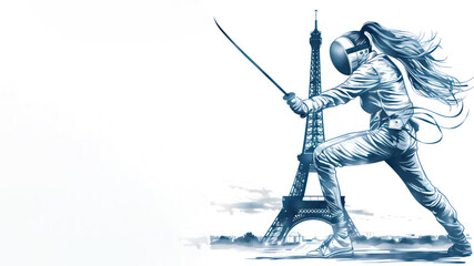 Obraz premium Blue illustration of female fencer holding a sword by eiffel tower